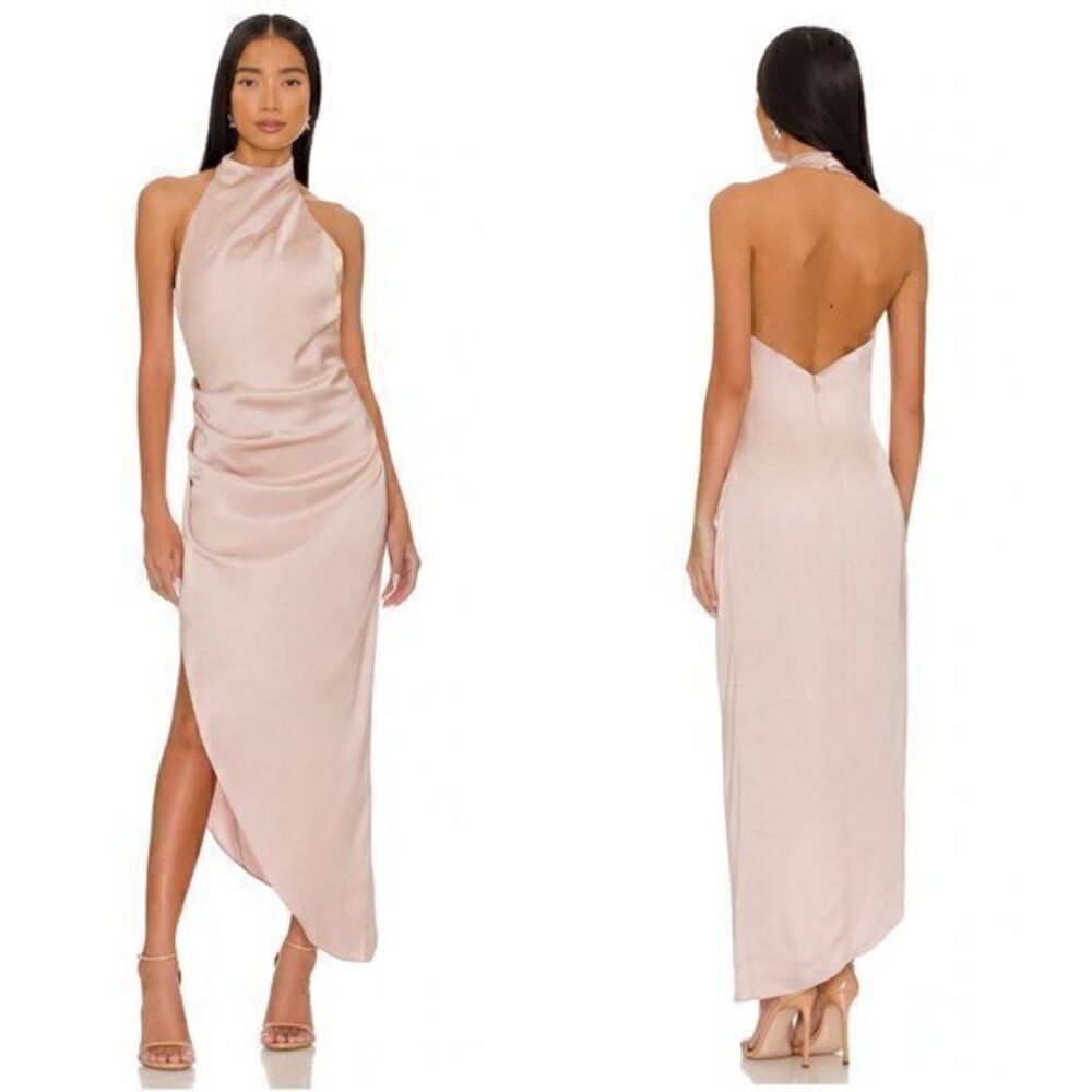 Nookie REVOLVE Amelia Halter Gown Nude Satin Pink Size L NWT